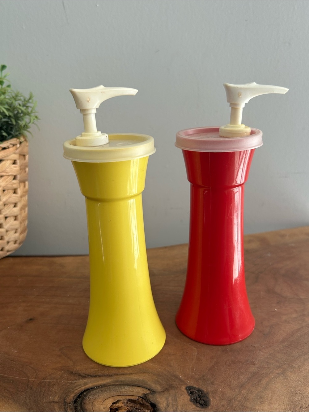 Vintage Tupperware Ketchup & Mustard Dispenserโs With Pumps & Lids Red Yellow